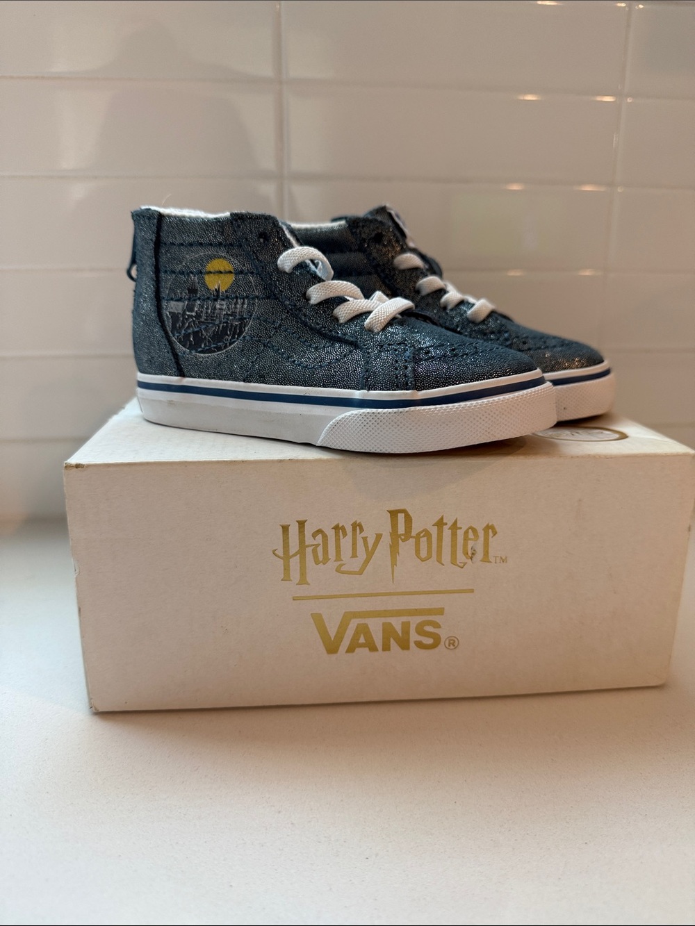 Vans Kids High-Top Sneakers in Navy with Yellow Accent